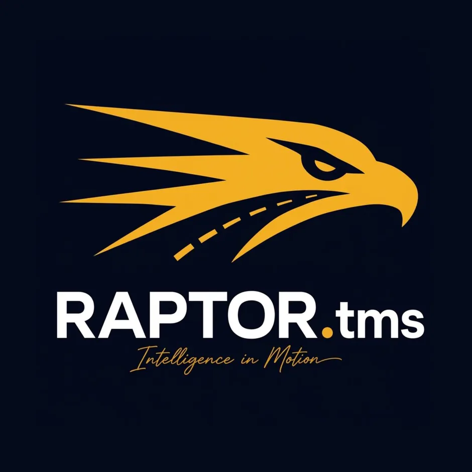 Raptor TMS logo — gold raptor head with a highway forming its beak, tagline Intelligence in Motion